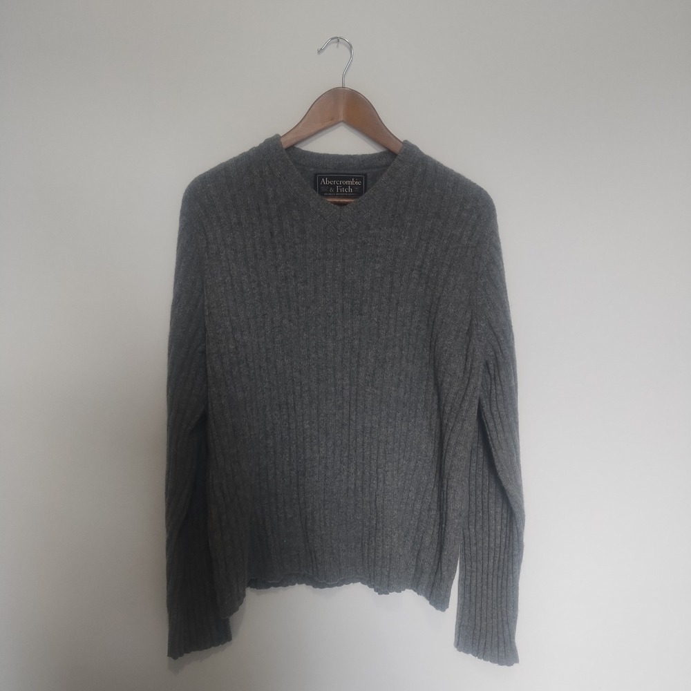 Vintage Abercrombie & Fitch V-Neck Sweater Mens XL Gray Lambswool Blend Ribbed